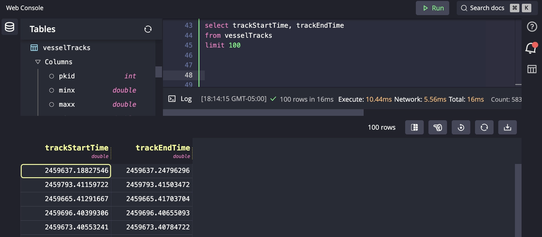 The query below but visualized in the QuestDB Web Console.