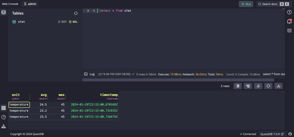 An image of the QuestDB Web Console showing a columnar table representing the above data points.